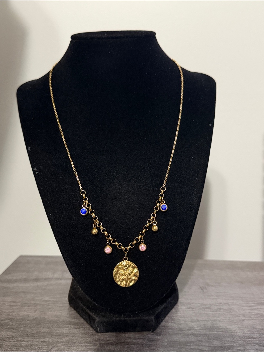 GP SS Flower, Blue & Pink Rhinestone Charm Necklace